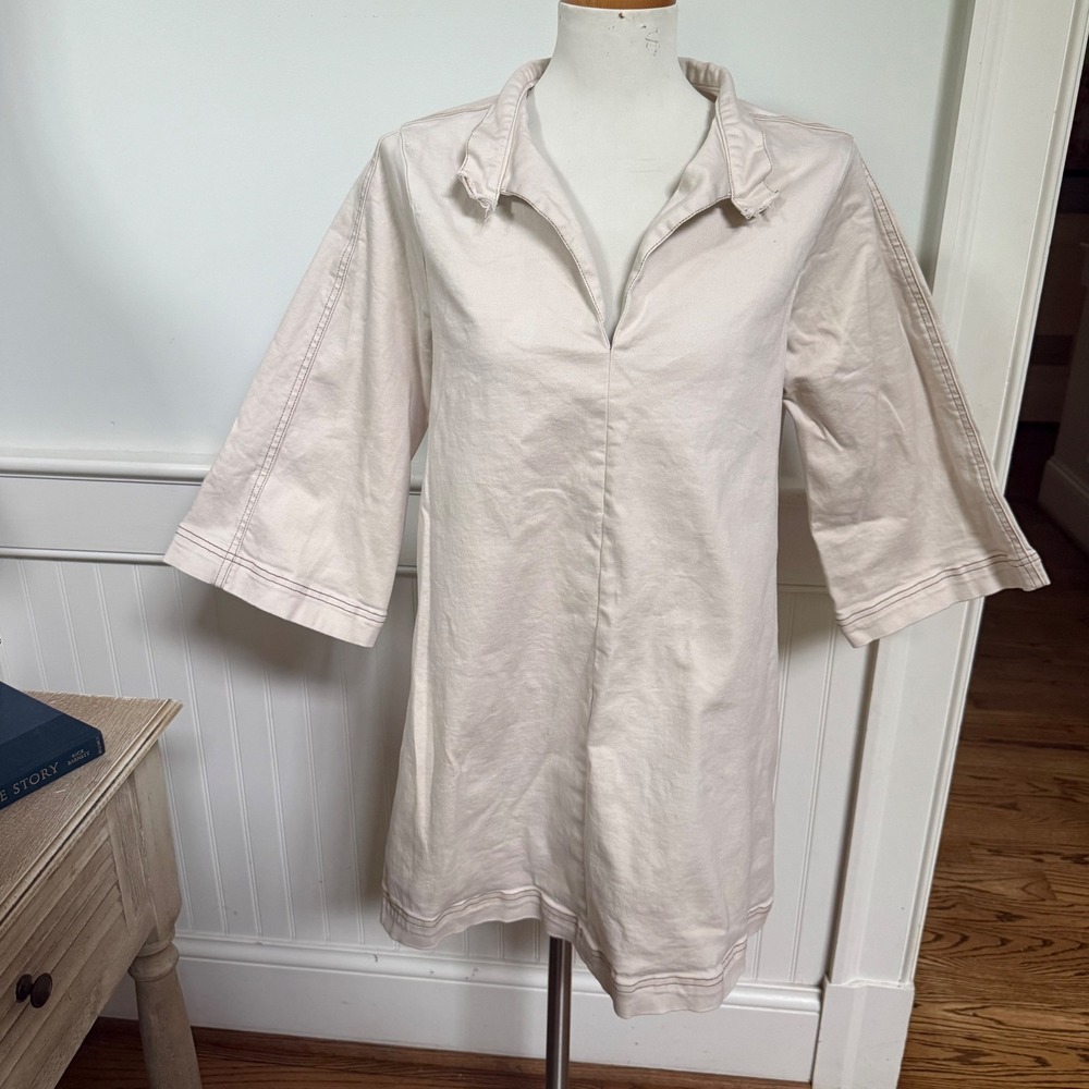 Pomander Place Beige Cotton Twill Shift Dress V-Neck 3/4 Sleeve Size M